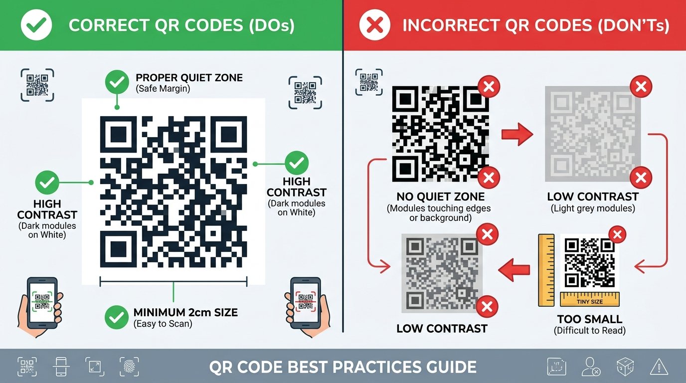 Visual comparison: Correct QR code with proper quiet zone, high contrast, minimum 2cm size vs Incorrect QR code with no quiet zone, low contrast and tiny size
