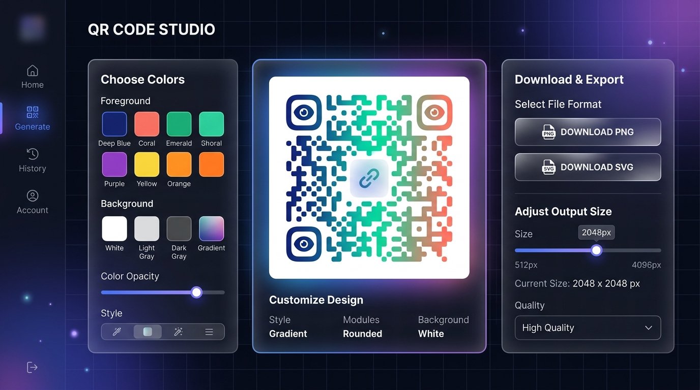 QR Code Studio — Custom color and logo QR generator interface