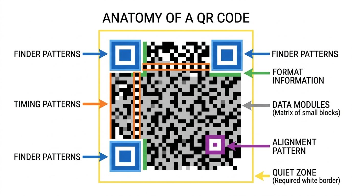 Anatomy of a QR code diagram labeling finder patterns, timing patterns, alignment pattern, format information, data modules and quiet zone