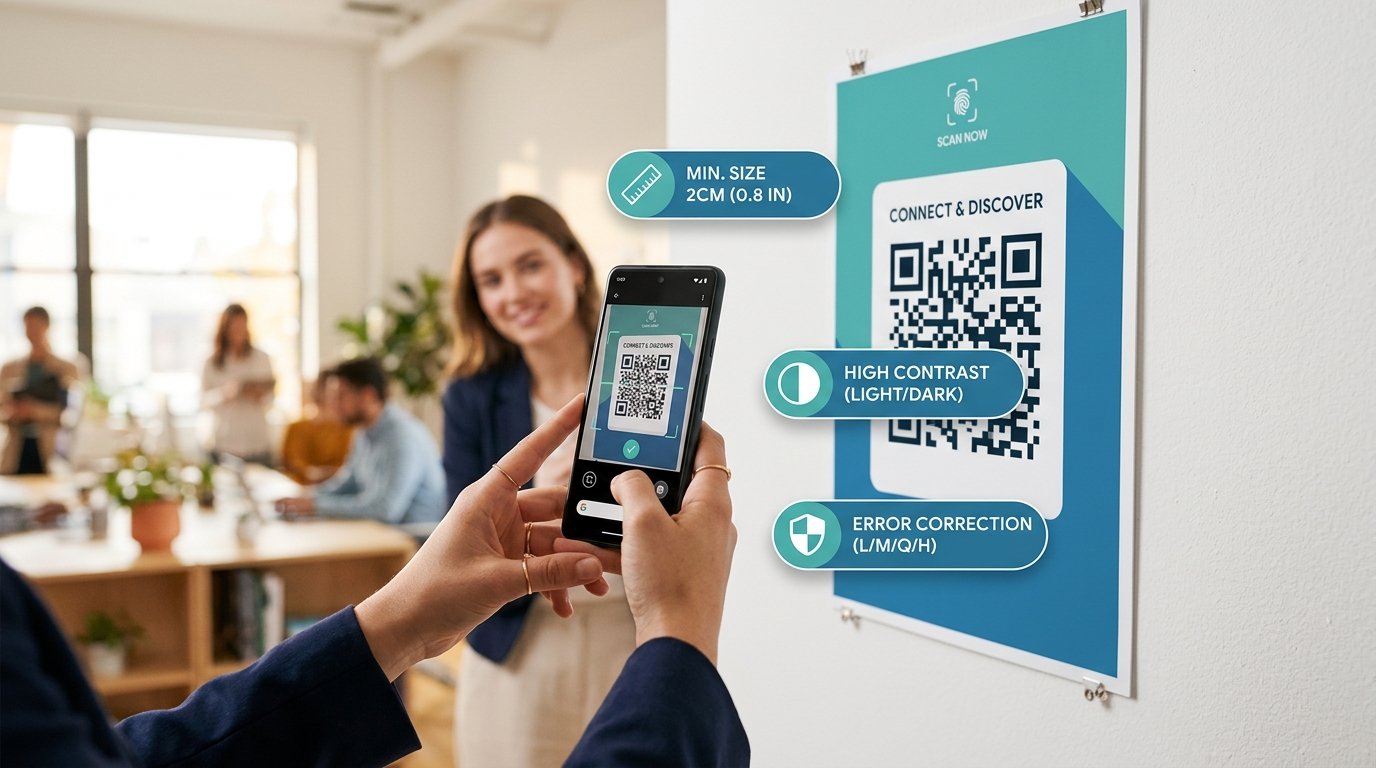 Person scanning a QR code poster in a modern office, with tip badges showing minimum size 2cm, high contrast, and error correction