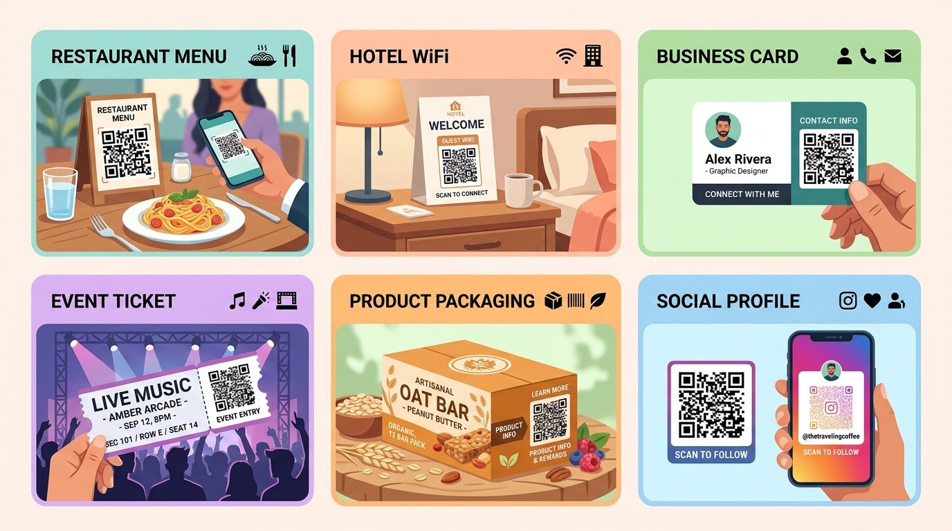 Six QR code use cases: restaurant menu, hotel WiFi, business card, event ticket, product packaging, and social profile